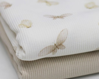 Butterflies light rib knit jersey fabric | Cotton jersey with Lycra | Rib jersey stretch fabric | Ribbed fabric by the meter white