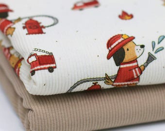 Fire truck dog rib knit jersey fabric insert | Cotton jersey with Lycra | Rib jersey stretch fabric | Ribbed fabric by the meter