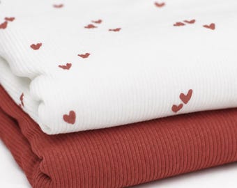 Hearts Ribbed Jersey, Rust Pink | Cotton Jersey with Lycra | Ribbed Jersey Stretch Fabric | Ribbed Fabric by the Meter, Autumn Fox Hearts Heartbeat