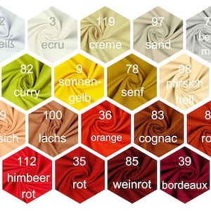 May include: Color chart with fabric swatches in various shades of white, beige, yellow, orange, red, and brown. The swatches are arranged in a honeycomb pattern and labeled with numbers and German names for each color.