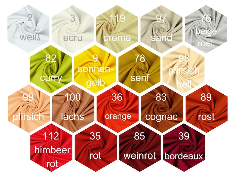 May include: Color chart with fabric swatches in various shades of white, beige, yellow, orange, red, and brown. The swatches are arranged in a honeycomb pattern and labeled with numbers and German names for each color.