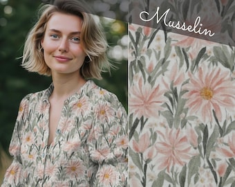 Muslin flowers double gauze digital print pattern by the meter chrysanthemums blossoms flowers