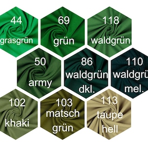 May include: A chart of green fabric swatches with numbers and German names for each color. The colors range from light green to dark green.