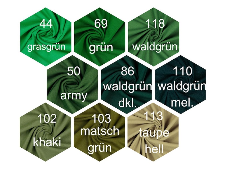 May include: A chart of green fabric swatches with numbers and German names for each color. The colors range from light green to dark green.