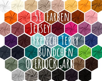 0,5 Meter Jersey Uni Bündchen French Terry Overlock Garn Meterware Stoffpaket Stoff Baumwolljersey schwarz rosa gelb rot blau braun meliert