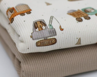 Construction Site Dog Rib Knit Jersey Fabric Excavator Crane | Cotton Jersey with Lycra | Rib Jersey Stretch Fabric | Ribbed Fabric Construction Vehicles