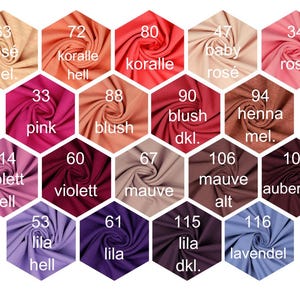 May include: A color chart of fabric swatches in various shades of pink, red, purple, and brown. The swatches are arranged in a honeycomb pattern and labeled with numbers and German words.