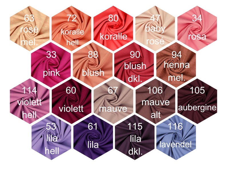 May include: A color chart of fabric swatches in various shades of pink, red, purple, and brown. The swatches are arranged in a honeycomb pattern and labeled with numbers and German words.