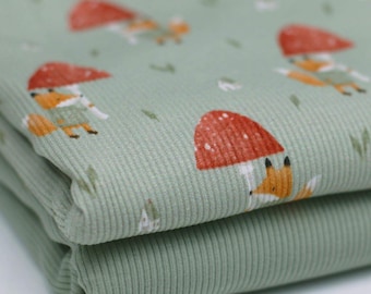 Fox with Mushrooms Ribbed Jersey Fabric Foxes | Cotton Jersey with Lycra | Ribbed Jersey Stretch Fabric | Ribbed Fabric by the Meter Fly Agaric