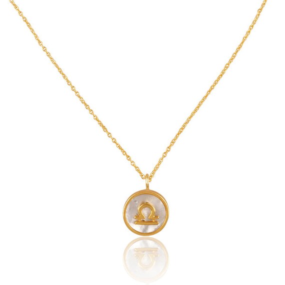 Mother of Pearl Libra Zodiac Necklace (18k Gold Plated, Sterling Silver, Hypoallergenic, Light Weight)