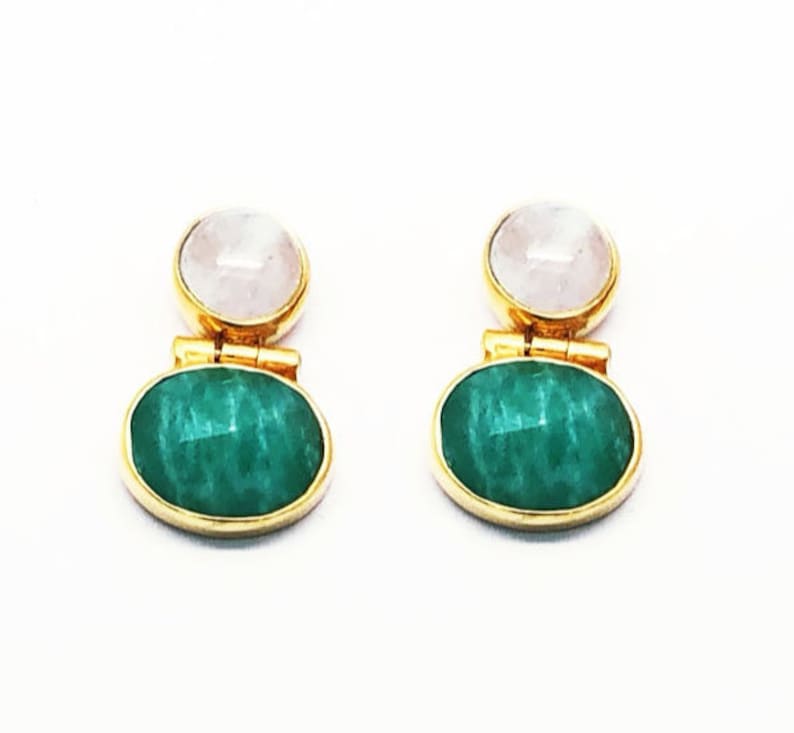 18K Gold Plated, Sterling Silver, Hypoallergenic, Light Weight Juno Studs Moonstone /& Amazonite