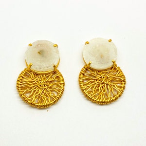 Nekewlam&#39;s Solar Druzy Mesh Studs [18K Gold Plated, Sterling Silver, Hypoallergenic, Light Weight]
