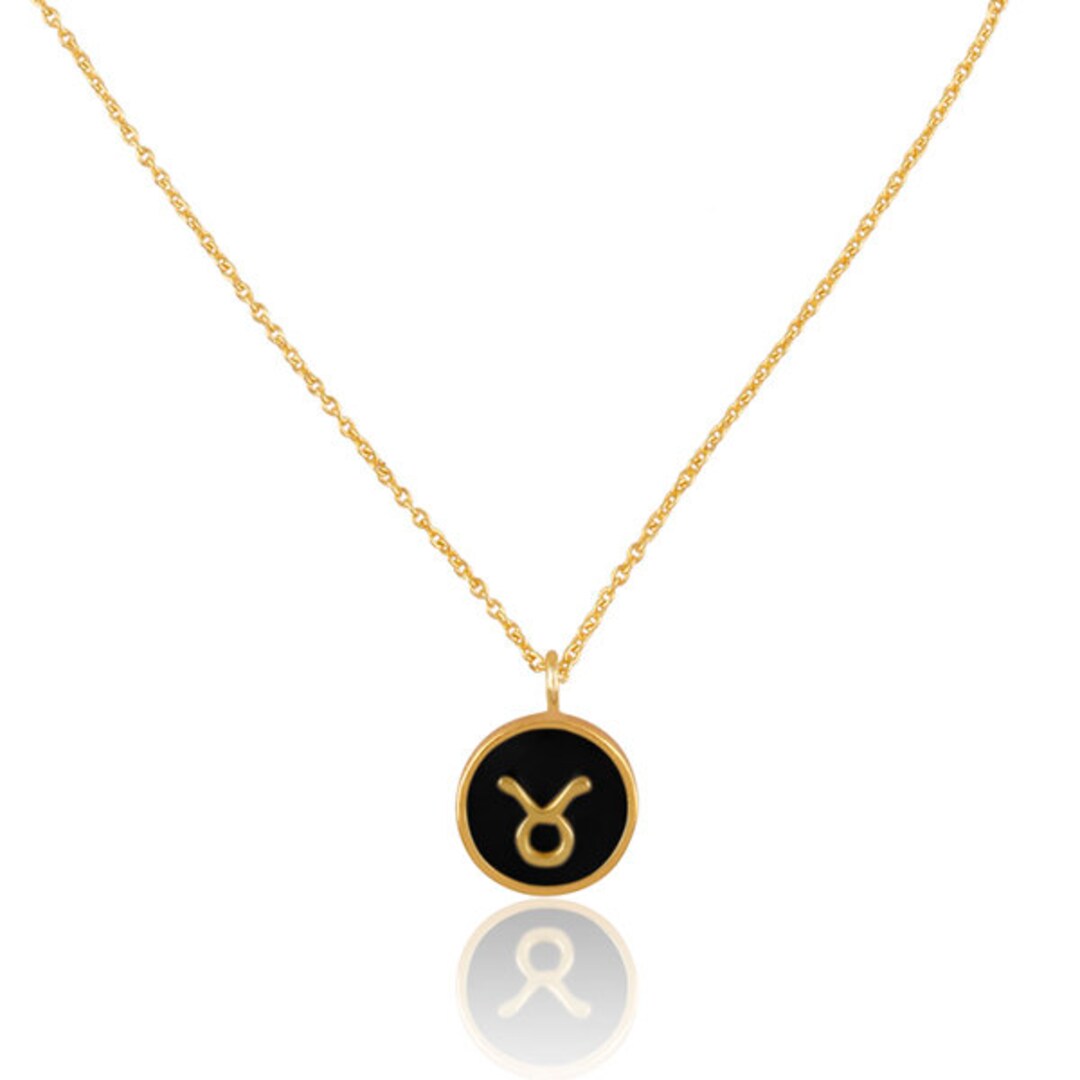Black Onyx Taurus Zodiac Necklace 18K Gold Plated, Sterling Silver, Hypoallergenic, Light Weight