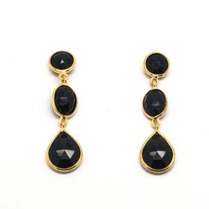 Black Onyx 3-Step Aria Earrings [18K Gold Plated, Sterling Silver, Hypoallergenic, Light Weight]
