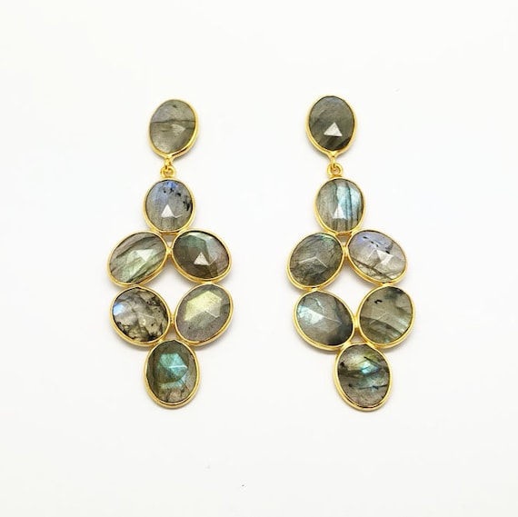 Orecchini Pendenti In Argento 925 Con Labradorite Naturale - Pietra Ovale Iridescente, Fatto A Mano, Anallergici, Lunghezza 4,5 Cm - 2