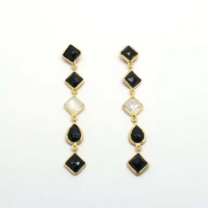 Black Onyx & Moonstone - Aalia Cocktail Earrings [18K Gold Plated, Sterling Silver, Hypoallergenic, Light Weight]