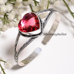Natuurlijke rubelliet 925 sterling zilveren verstelbare manchetarmband met hartvormige edelsteen en touwzetting, boho-stijl, uniek sieraad, cadeau voor haar