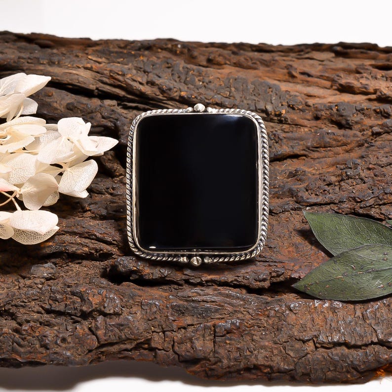 925 Sterling Silver Black Onyx Ring, Natural Rectangle Gemstone ...