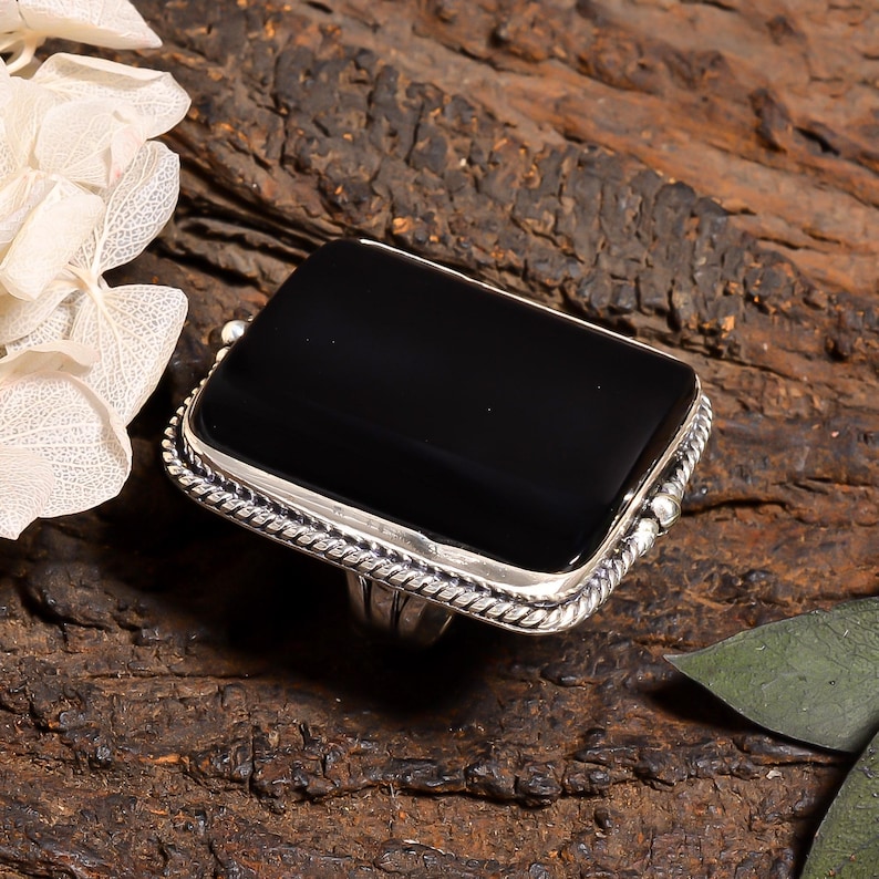 925 Sterling Silver Black Onyx Ring, Natural Rectangle Gemstone ...