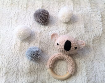 crochet baby gripper gripping ring with rattle koala bear with wooden ring