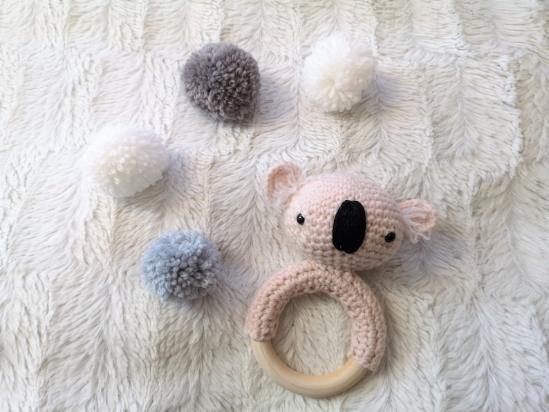 crochet baby gripper  gripping ring with rattle koala bear with wooden ring