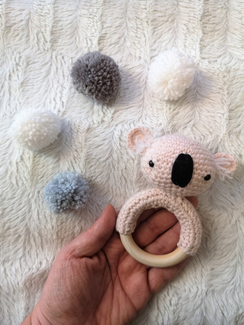 crochet baby gripper gripping ring with rattle koala bear with wooden ring