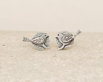 Tiny Silver Bird Studs.  Handmade, Wildlife Jewellery, Nature Inspired Gifts.