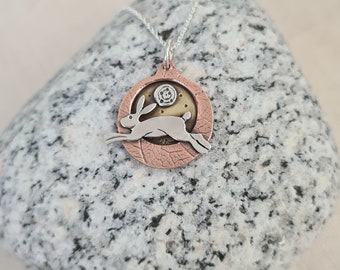 Copper Hare Moon Pendant Necklace, Sterling Silver Chain