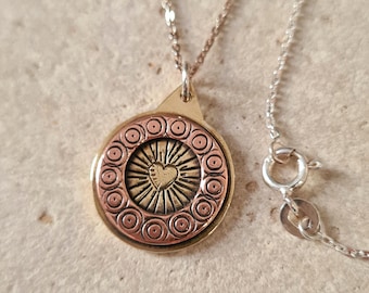 Copper Heart Medallion Necklace: Mixed Metal Pendant, Sterling Silver Chain