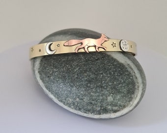 Copper, Brass & Silver Cuff Bracelet. Fox, Moon and Star Design, Handmade, Woodland, Wildlife Jewellery, Nature Inspired Gifts.