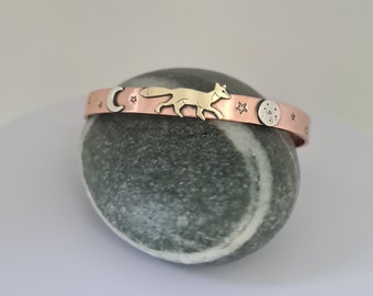 Handmade Copper Cuff Bracelet: Brass Fox, Sterling Silver Moon, Star Design