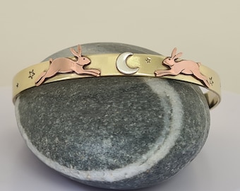 Handmade Copper Hare Cuff Bracelet: Brass, Silver Moon & Star Bangle