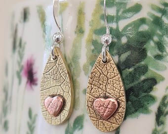Tiny Copper Heart Drop earrings. Handmade leaf print and teardrop shape design.