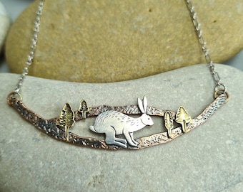 Sitting Hare Pendant Necklace. Copper, Silver, and Brass. Wildlife Jewellery, Nature Inspired Gifts.