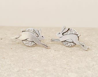 Sterling Silver Leaping Hare Stud Earrings. Handmade, Wildlife Jewellery, Nature Inspired Gifts.