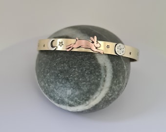 Handmade Copper Hare Cuff Bracelet: Sterling Silver Moon, Brass Starry Night