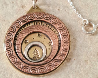 Mixed Metal Medallion Pendant: Tree & Star Design, Sterling Silver Chain