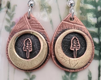 Copper & Brass Tree Design Earrings. Handmade, Dangly, Bohemian, Leaf print, Nature inspired, Drop earrings.