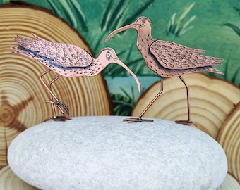 Handmade Copper Curlew Sculpture: Metal Bird Ornament on Stone Mount