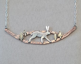 Running Hare Pendant Necklace. Copper, Silver, and Brass. Wildlife Jewellery, Nature Inspired Gifts.