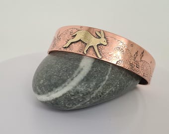 Handmade Copper & Brass Cuff Bracelet: Running Hare, Woodland Landscape