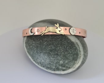 Handmade Copper Cuff Bracelet: Brass Hare, Sterling Silver Moon, Starry Night