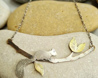 Squirrel Pendant Necklace. Copper, Silver, and Brass. Wildlife Jewellery, Nature Inspired Gifts.