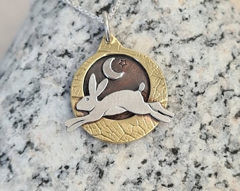 Hare & Crescent Moon Pendant Necklace, Mixed Metal Wildlife Jewelry
