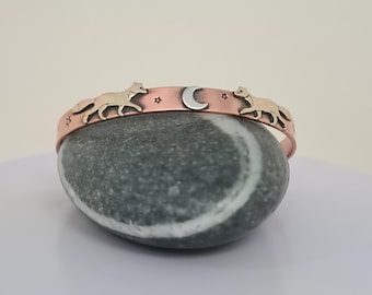 Handmade Copper Cuff Bracelet: Brass Fox, Sterling Silver Moon, Starry Night