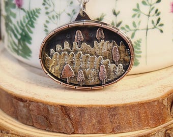 Woodland Forest Pendant. Copper, Brass & Sterling Silver. Oval Bezel Design.