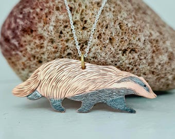 Hand-made Copper Badger Pendant. Nature inspired wildlife Jewellery.