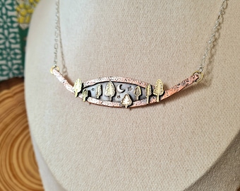 Handmade Copper Tree Necklace: Brass Moon & Stars, Sterling Silver Chain