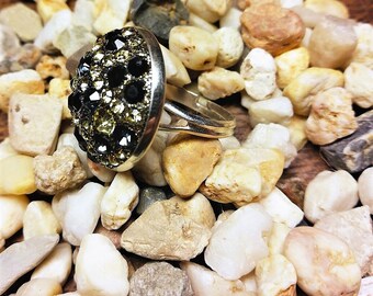 Ring Swarovski Elements Chatons Strass Schwarz Kristall Grau Gold