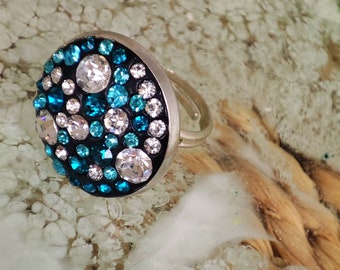 Ring Swarovski Strass Elements Chatons Schwarz Kristall Blau